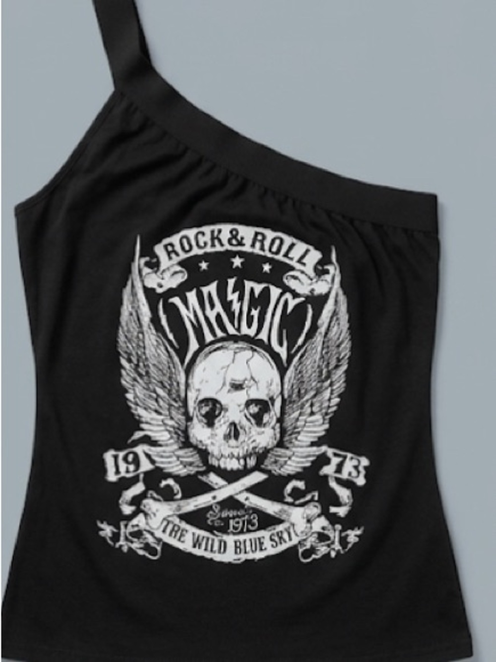 Black One-Shoulder Rock & Roll Skull Graphic Tank